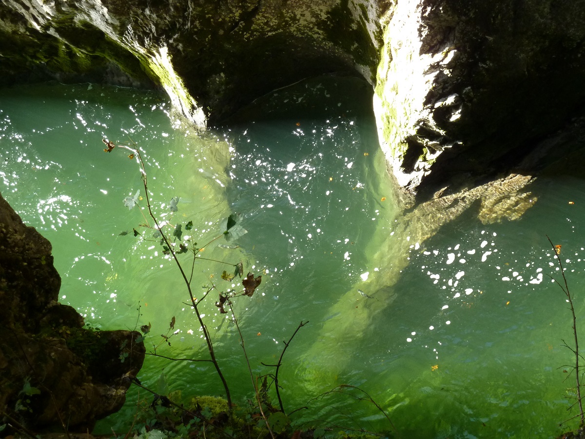 grün leuchtendes Wasser und steile Felswände in der Breitachklamm