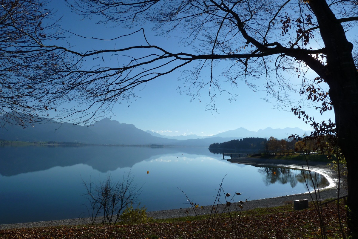 Radtour rund um den Forggensee - Titelfoto mit Blick auf See und Berge