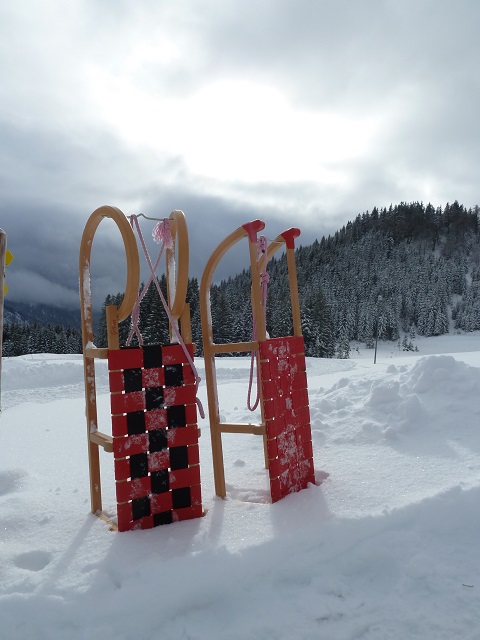 Schlitten im Schnee vor der Alpe Stubental