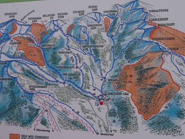 Karte der Wanderwege von Gunzesried-Säge aus