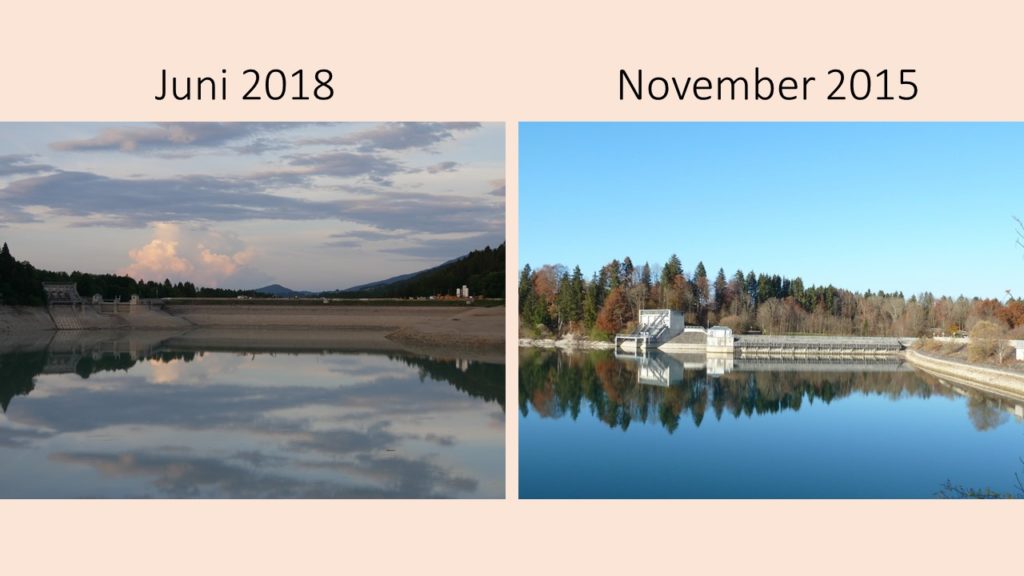 Forggensee-Staumauer bei Roßhaupten 2018 im Vergleich zu 2015