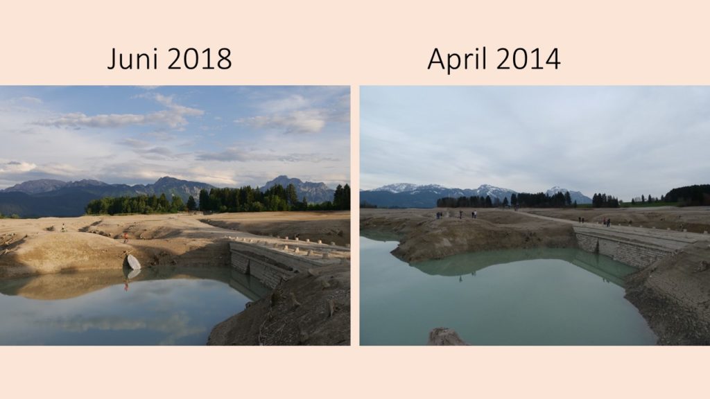 die alte Tiefentalbrücke im Forggensee 2018 und 2014 im Vergleich