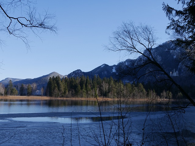 Blick auf Neuschwanstein vom Schwansee-Südufer im Winter