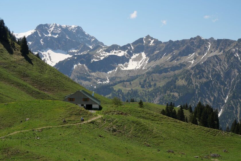 eine Alphütte an einem Berghang