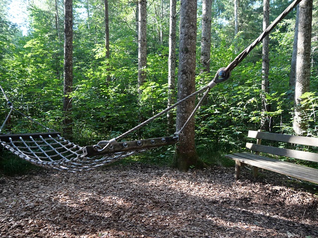 Hängematte im Wald am Kindererlebnisweg Görisried